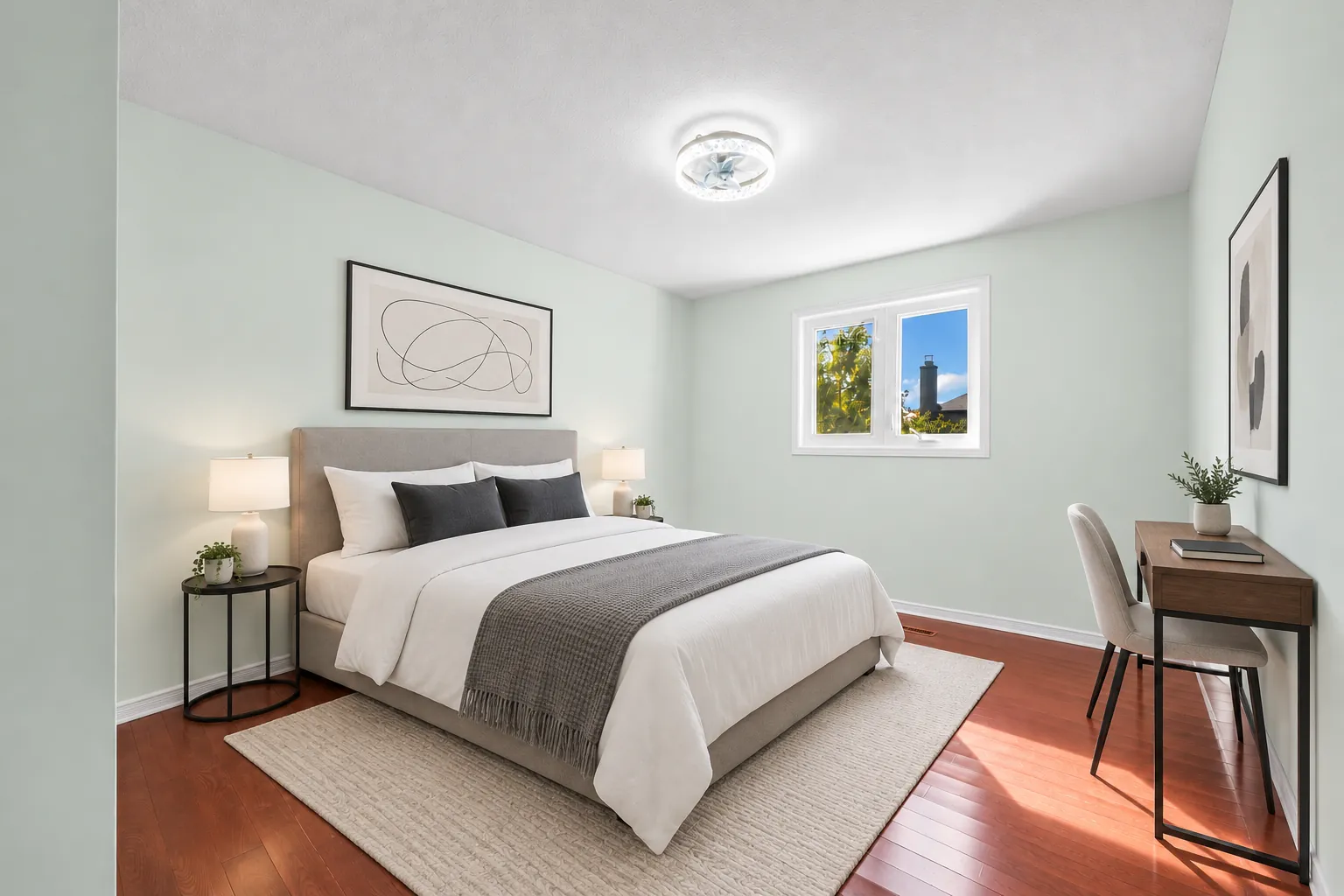 A bedroom with pale green walls, virtually staged: a bed with grey bedding, a night table and lamp, a small desk and chair, a rug, two prints