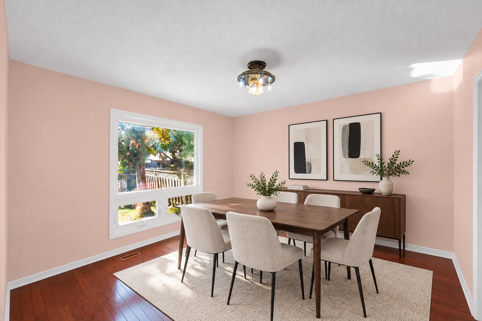 The dining room virtually staged: a wood table with six upholstered chairs on a rug, a sideboard, two prints, a wide window onto the back yard
